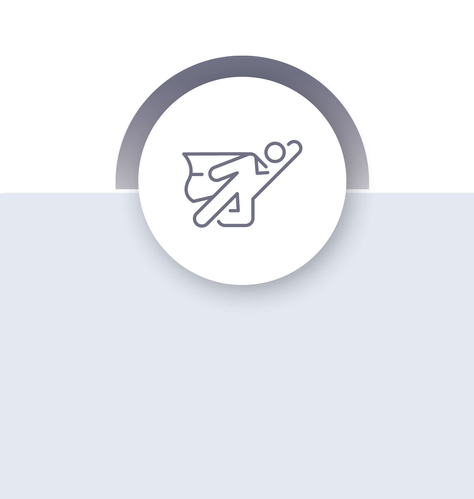 Minimalist line icon of a person with a cape, posed as if flying upward, inside a circular graphic.