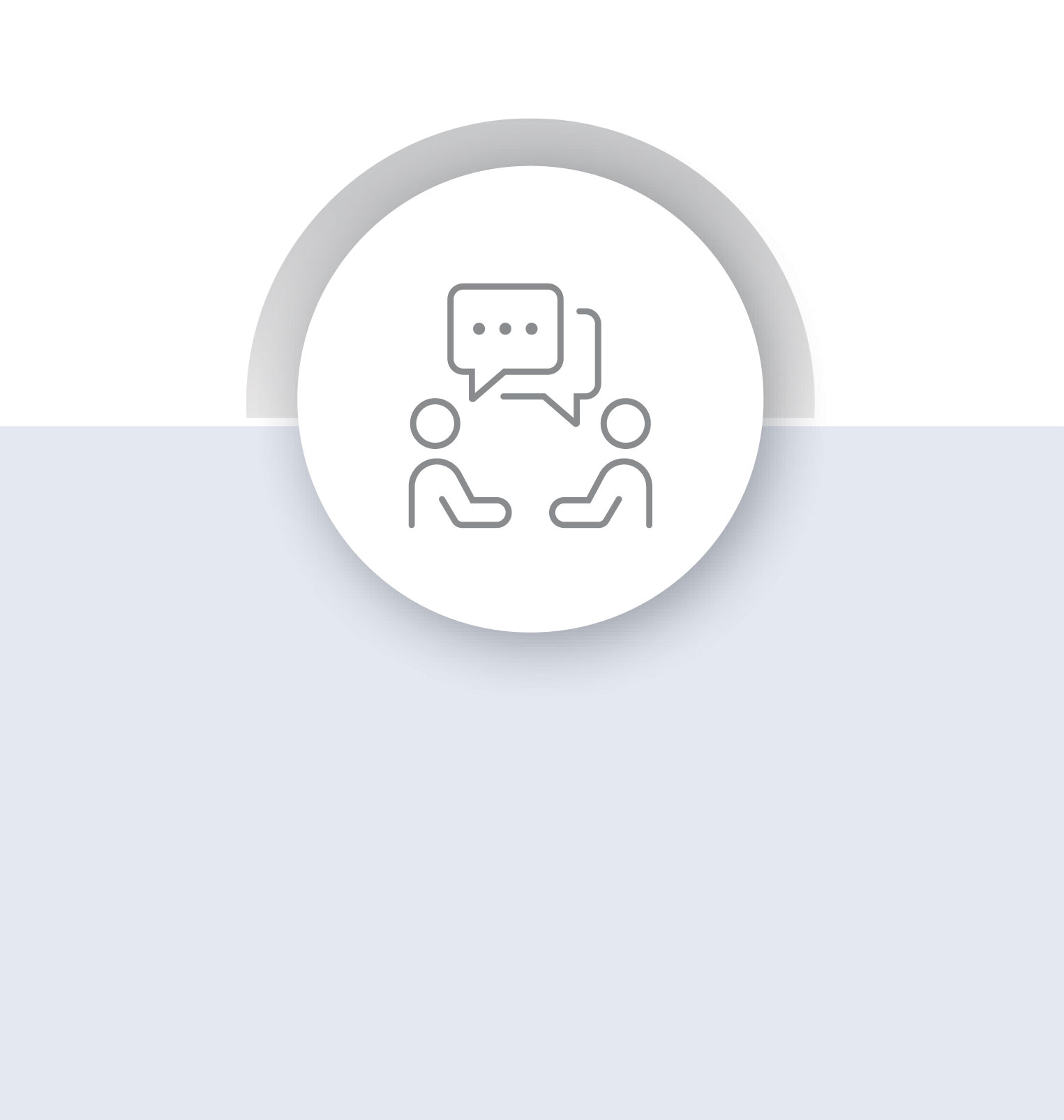 Line icon of two seated figures with speech bubbles between them, symbolising communication.